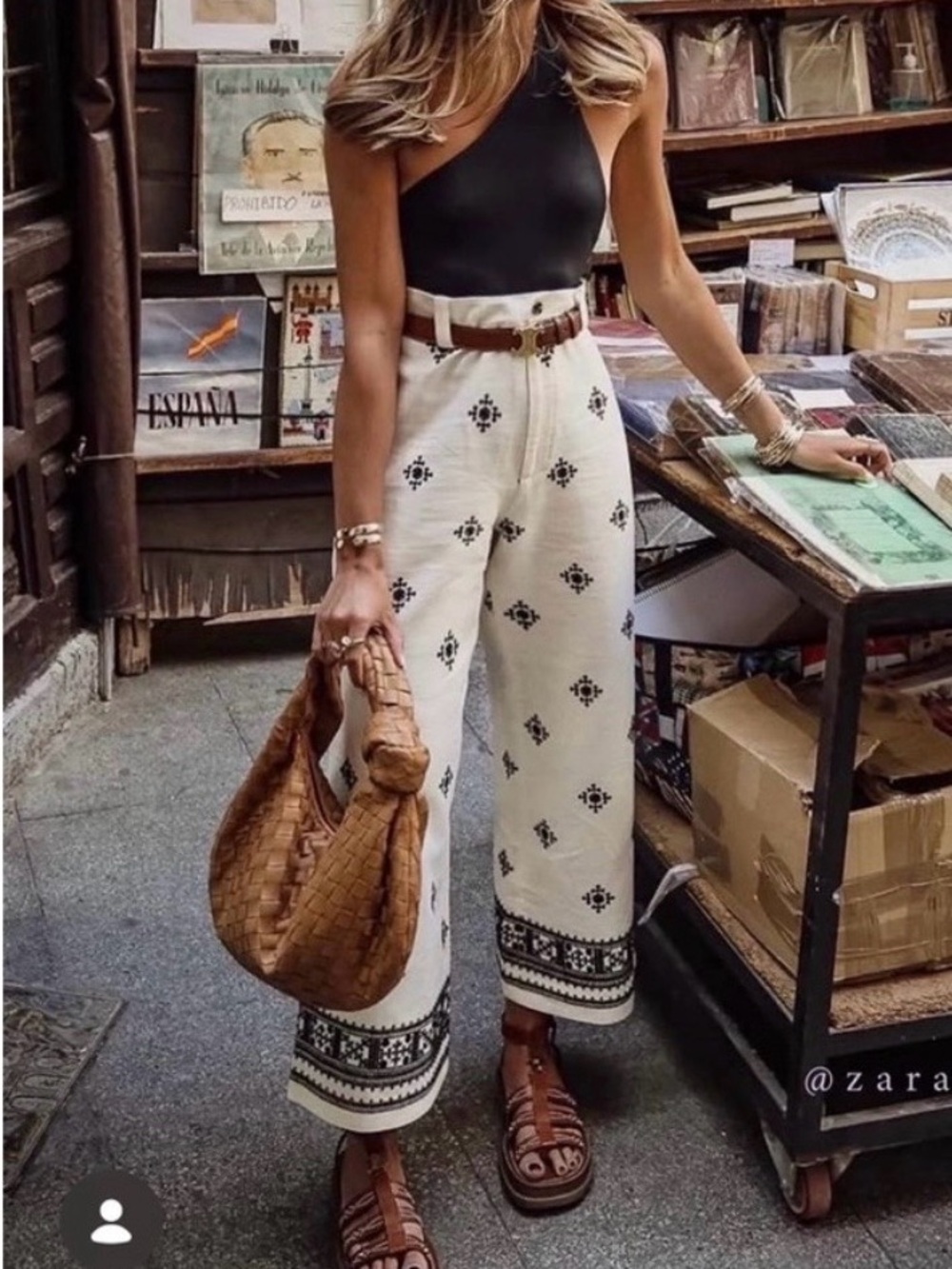 Zara Black & White Border-Print Wide Leg Pants